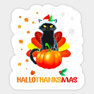 Black Cat Halloween And Merry Christmas Happy Hallothanksmas Sticker